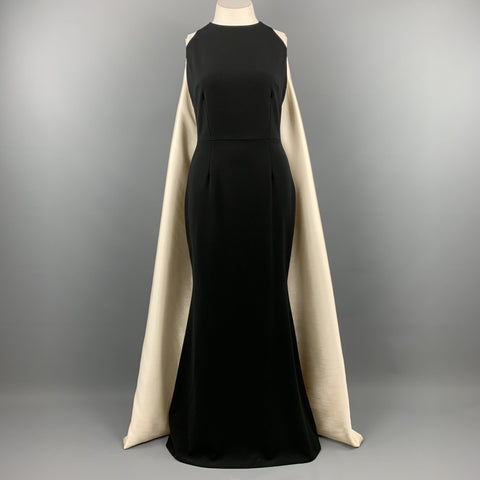 BIBHU MOHAPATRA Size 10 Black & White Silk Cape Train Back Sheath Gown