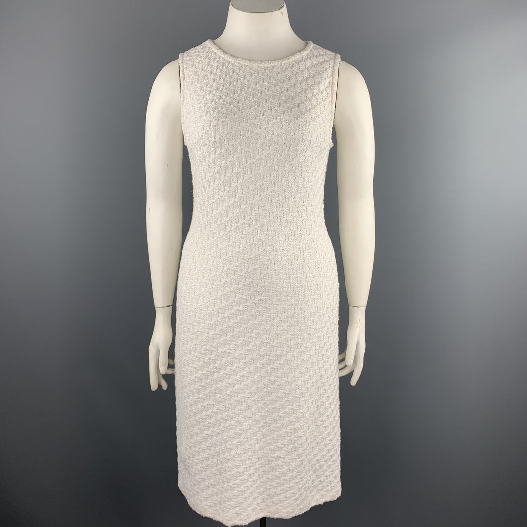 ST. JOHN Size 12 White Knitted Wool Blend Cocktail Shift Dress