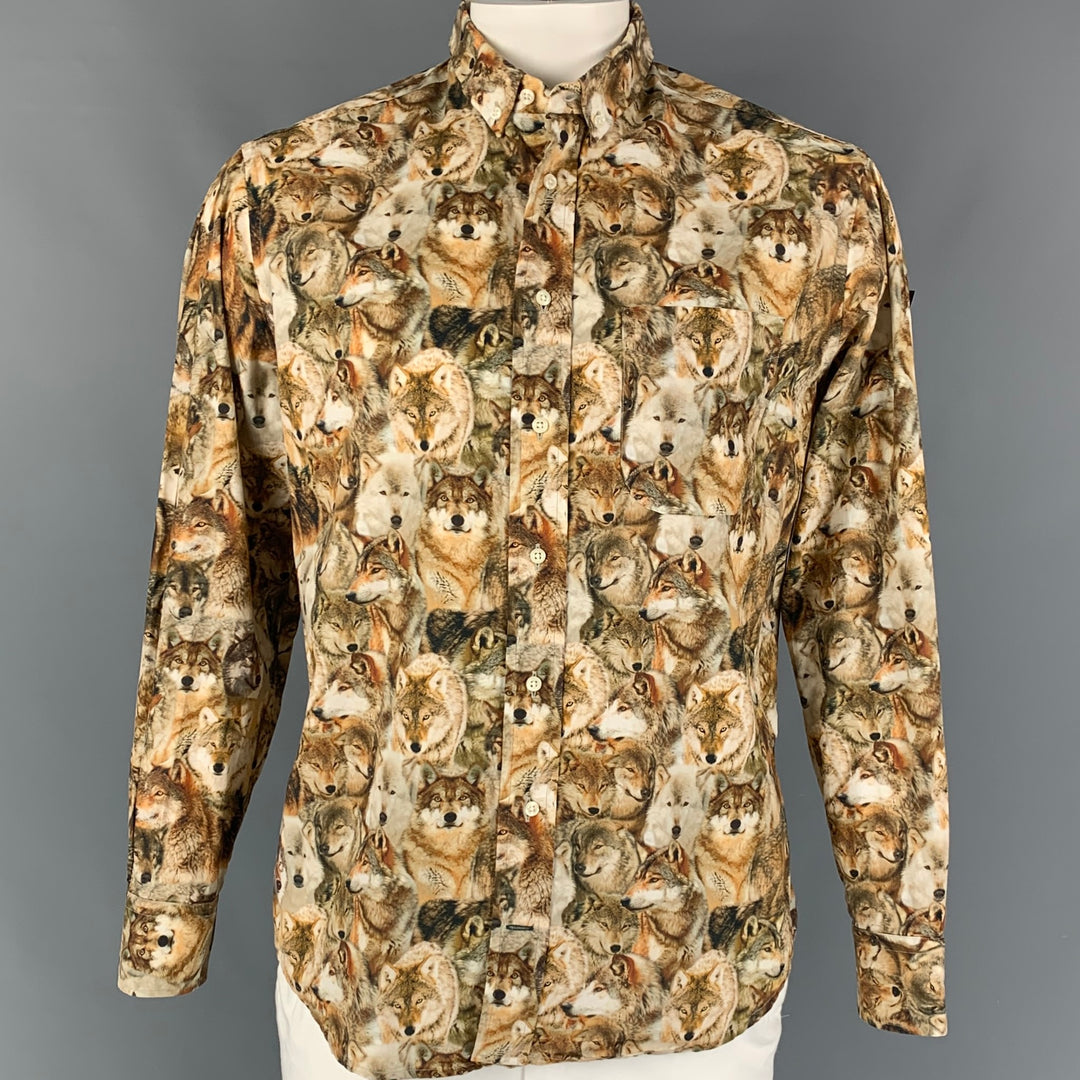 GITMAN BROS for OPENING CEREMONY Size L Tan Black White Print Cotton Button  Down Long Sleeve Shirt