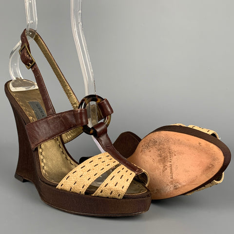 ALBERTA FERRETTI Talla 6.5 Sandalias de cuña de cuero de seda marrón y beige