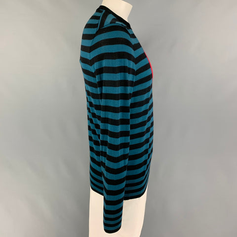 MR TURK Size L Teal Black Stripe Merino Wool Crew-Neck Pullover