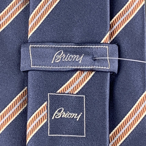 BRIONI Cravate en soie à rayures diagonales bleu acier et orange