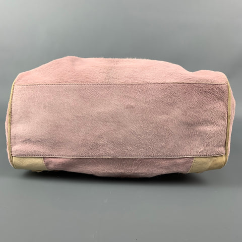 BALENCIAGA Rose & Beige Mixed Fabrics Leather Calf hair Handbag