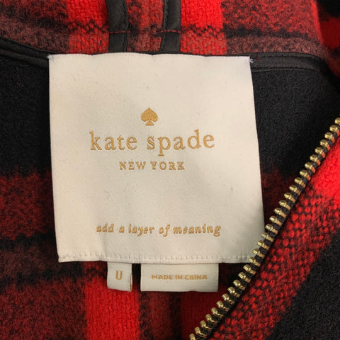 KATE SPADE Size One Size Red Black Wool Blend Plaid Zip Up Cape