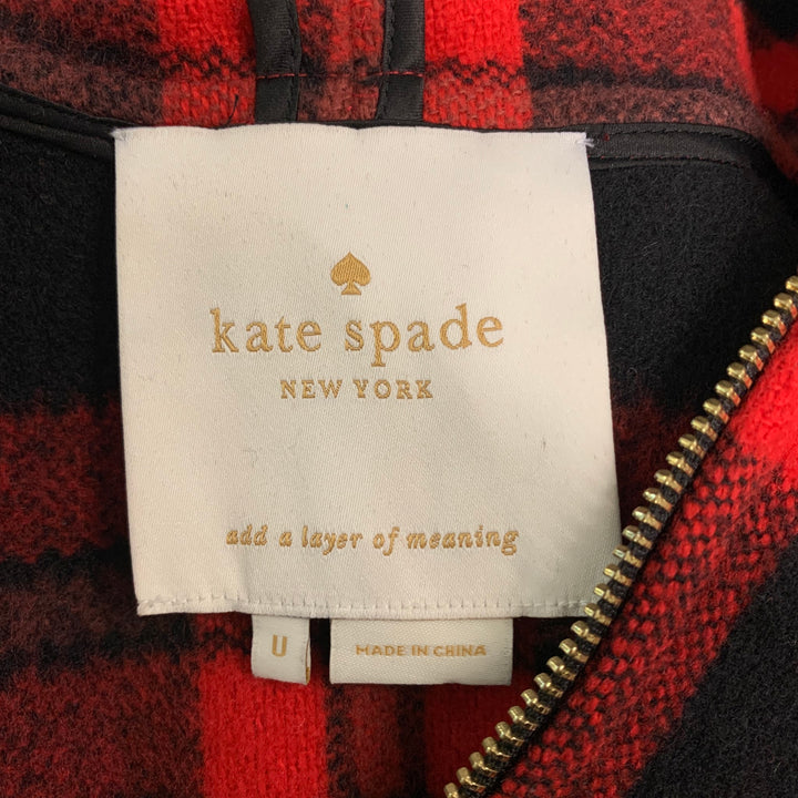 KATE SPADE Size One Size Red Black Wool Blend Plaid Zip Up Cape