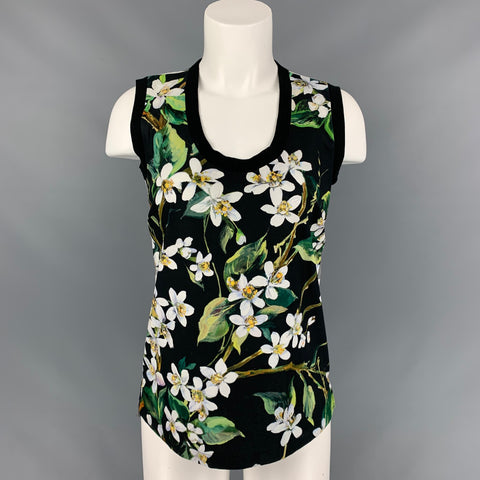 DOLCE & GABBANA Size 2 Black & White Green Floral Cotton Blouse