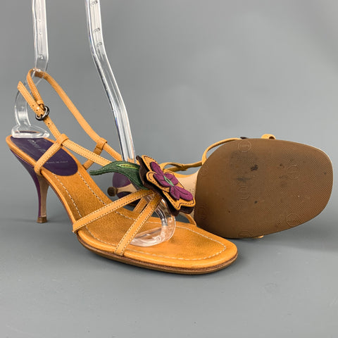 MIU MIU Size 8.5 Mustard Flower Applique Leather Slingback Sandals