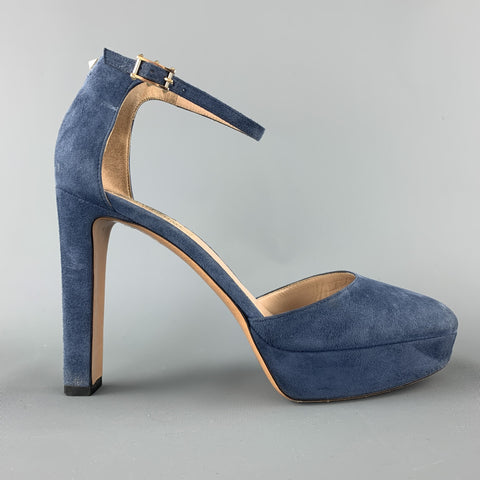 VALENTINO Size 8 Blue Suede PLatform Rockstud Anbkle Strap Pumps