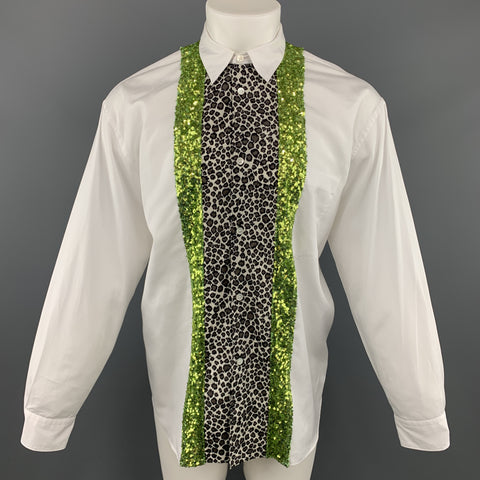 COMME des GARCONS HOMME PLUS Size S Chemise à rayures en coton blanc léopard et sequins verts