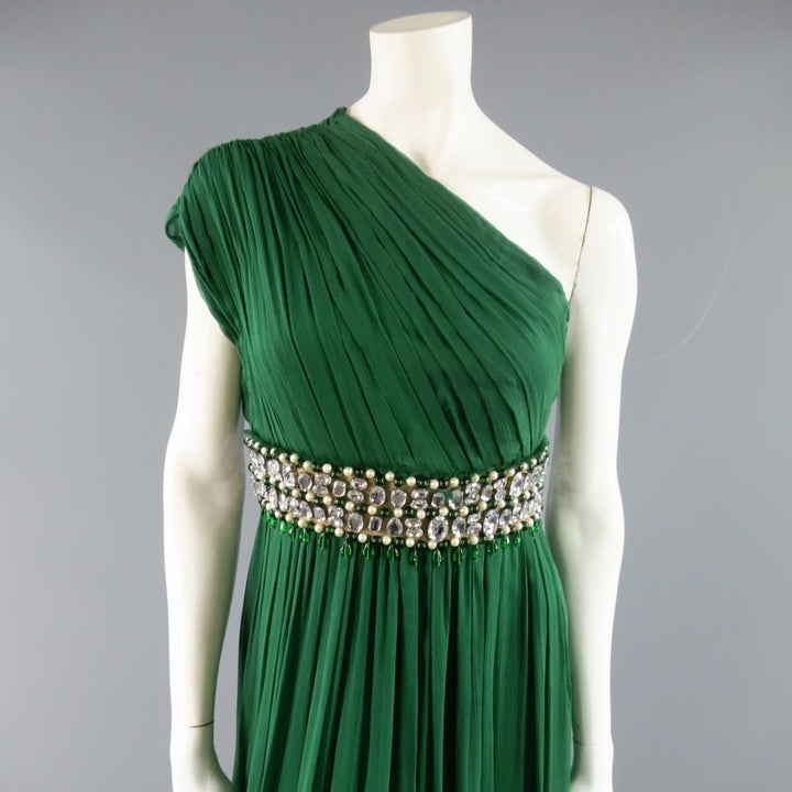 NAEEM KHAN Vestido de noche con cintura de cristal y un hombro de seda verde esmeralda, talla 8