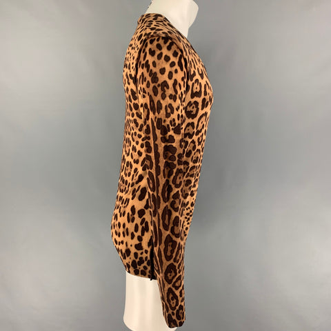 DOLCE & GABBANA Size S Tan Brown Animal Print Cotton Rayon V-Neck Pullover