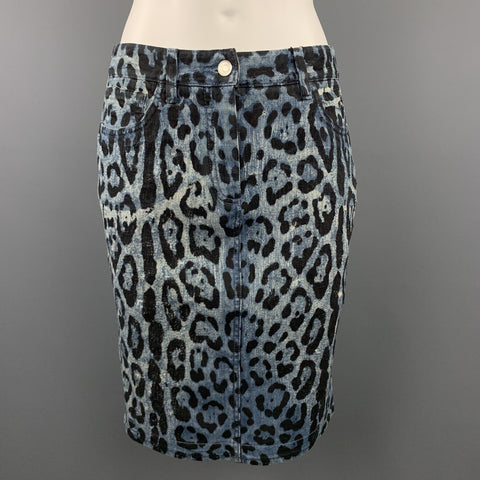 DOLCE & GABBANA Size 6 Blue Lepard Print Distressed Denim Pencil Skirt