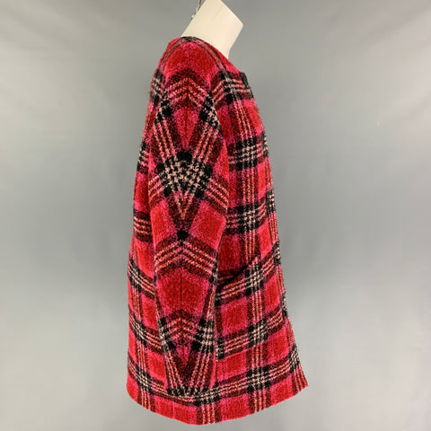 KATE SPADE Size M Red Black Wool Blend Plaid Collarless Coat