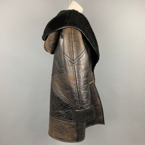GOLDEN GOOSE Size S Dark Brown Crackled Leather Shearling Hooded Oversized Coat
