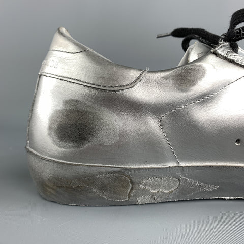 GOLDEN GOOSE SUPERSTAR RAY Size 10 Silver Metallic Leather Star Patch Lace Up Sneakers