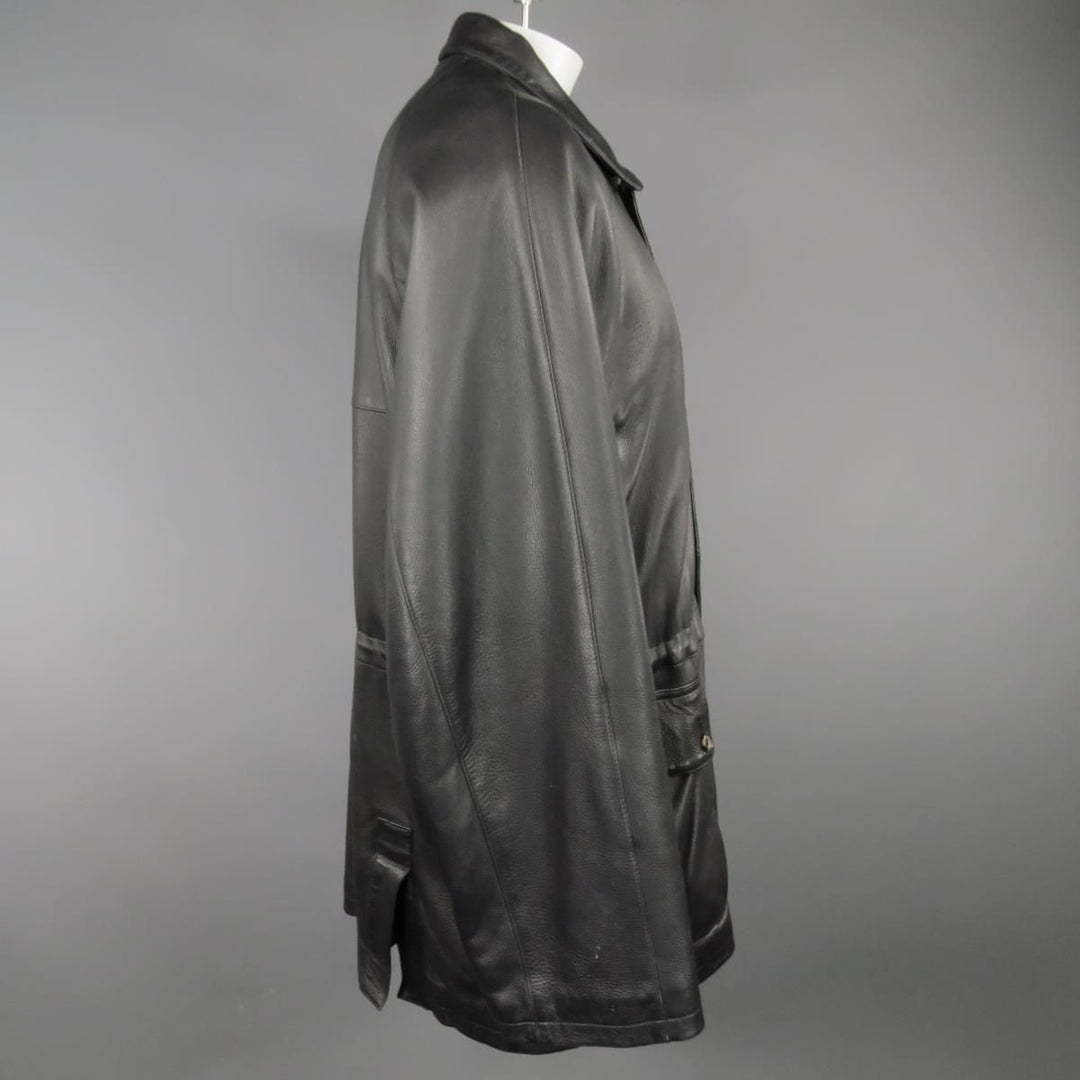 LORO PIANA 44 Black Leather Drawstring Waist Cashmere Lining 'Horsey'  Jacket