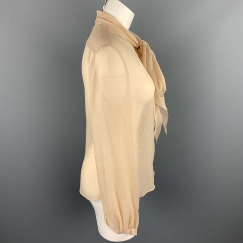 HERMES Taille 8 Blouse à col noué en crêpe de soie beige