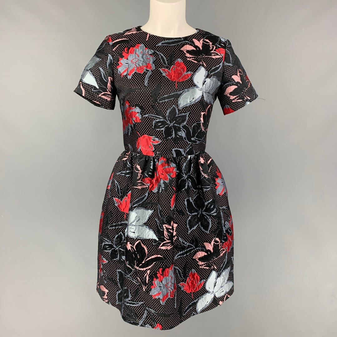 SUNO Size 4 Black Red Grey Floral Short Sleeve Dress