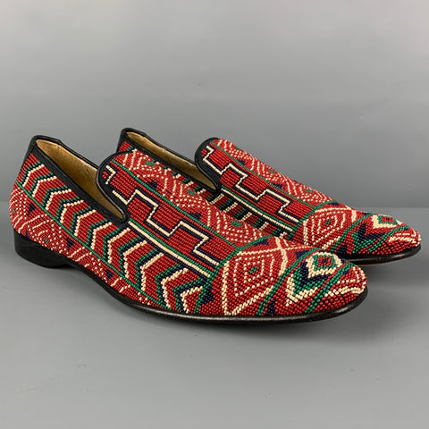DONALD J PLINER Size 9 Red Navy Green Beaded Leather Slip On Loafers
