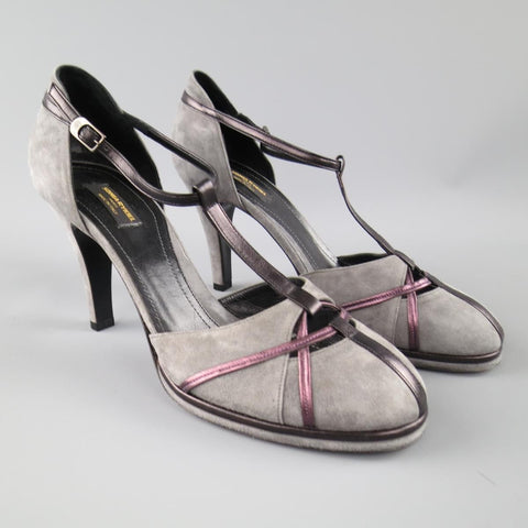 SONIA RYKIEL Talla 10 Zapatos de tacón con tira en T de ante gris y morado