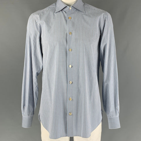KITON Size XL White, Blue & Grey Checkered Cotton Button Down Long Sleeve Shirt