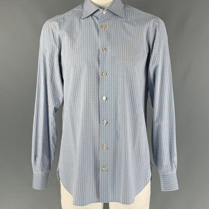 KITON Size XL White, Blue & Grey Checkered Cotton Button Down Long Sleeve Shirt