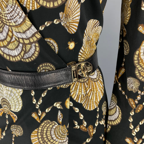GUCCI Resort 2009 by Frida Giannini Size 6 Black & Brown Sea Shells Viscose Mid-Calf Wrap Dress