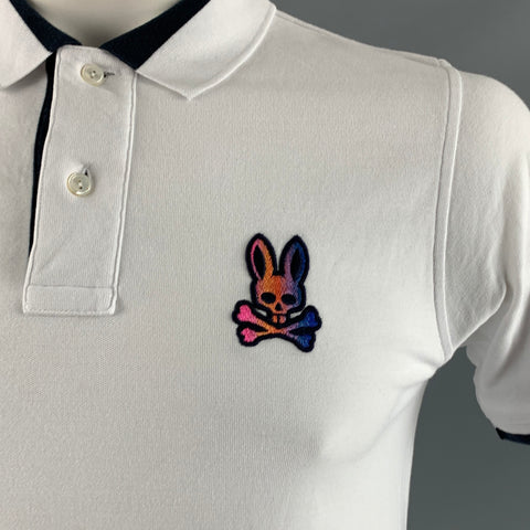 PSYCHO BUNNY Size L White Navy Embroidery Cotton Short Sleeve Polo
