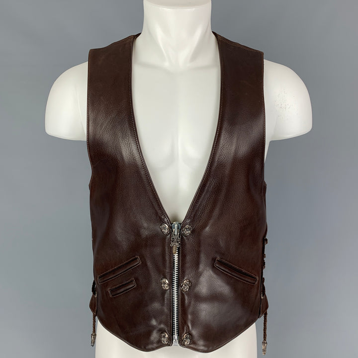CHROME HEARTS Size L Brown Leather Dagger Zip Up Vest