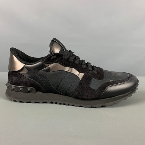 VALENTINO Size 10 Black Silver Camo Leather Lace Up Sneakers
