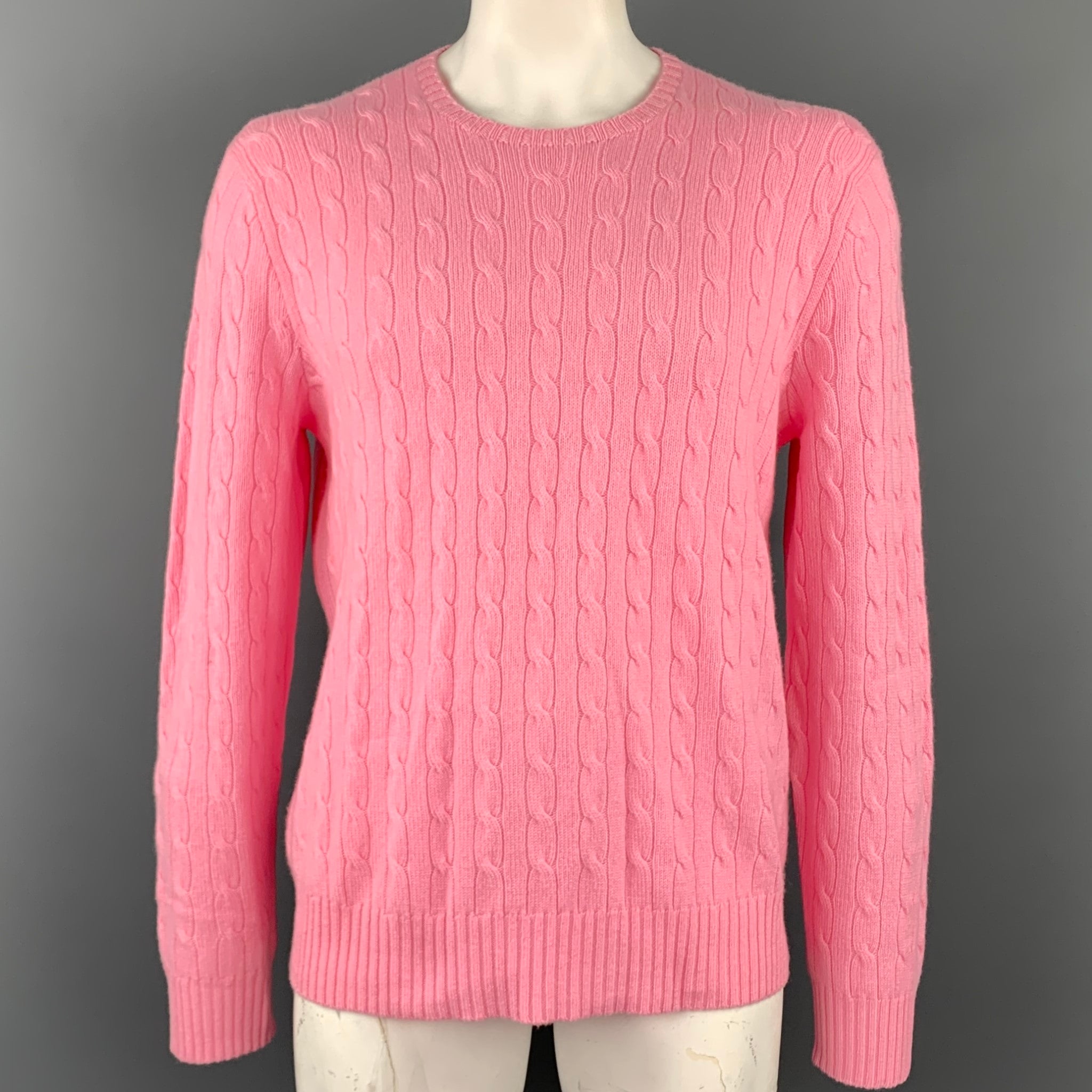 POLO by RALPH LAUREN Size XXL Pink Cable Knit Cashmere Crew POLO by RALPH LAUREN Size XXL Pink Cable Knit Cashmere Crew
