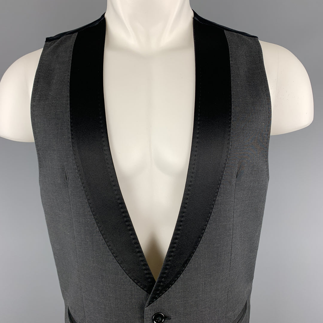 DOLCE & GABBANA Size 40 Charcoal Plaid Black Mock Shawl Collar Tuxedo Vest