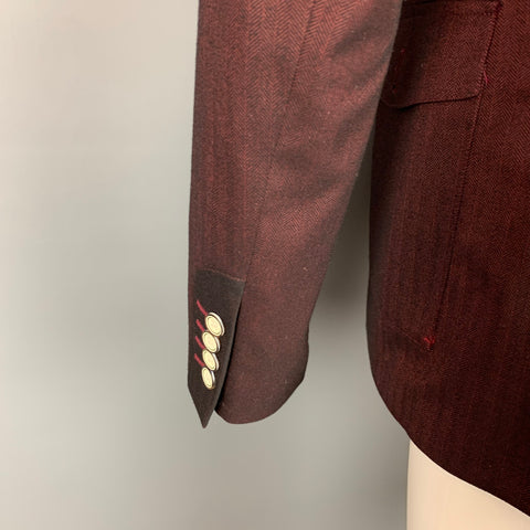 DEITX & CO. Size 38 Burgundy & Black Herringbone Polyester / Viscose Inner Layer Notch Lapel Sport Coat