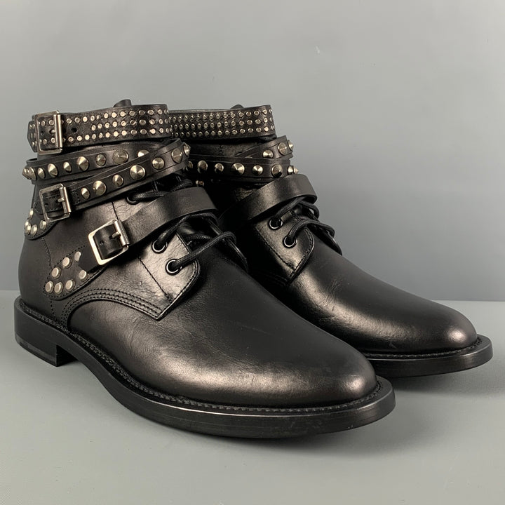 SAINT LAURENT Size 10 Black Leather Studded Ranger Boots