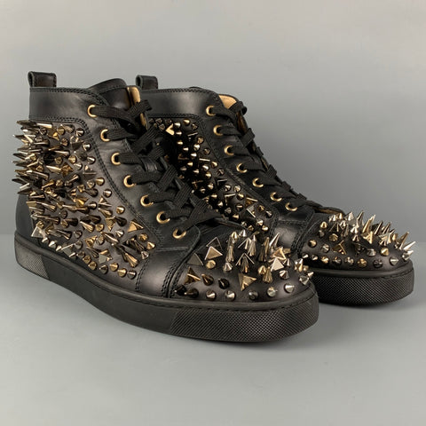 CHRISTIAN LOUBOUTIN Size 10 Black Gold Leather Louis All Over Spikes High Top Sneakers