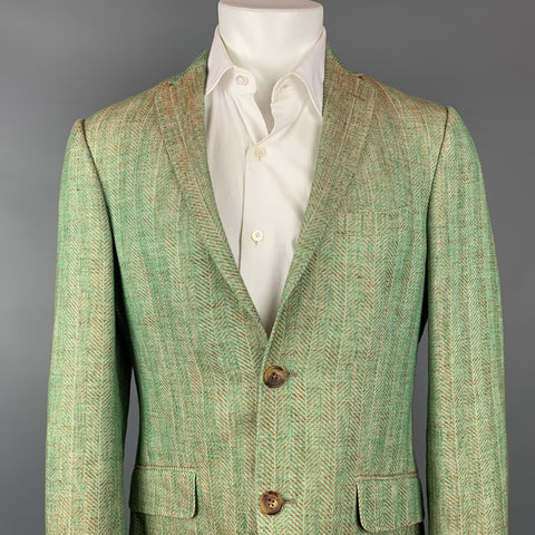 ETRO Superleggera Size 40 Green & Tan Herringbone Cotton / Linen Notch Lapel Sport Coat