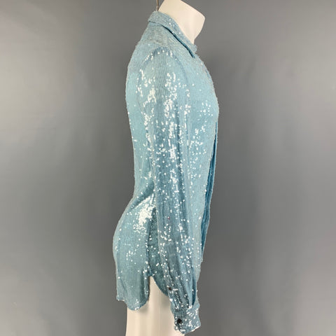 DRIES VAN NOTEN FW 22 Size S Light Blue Sequined Viscose Long Sleeve Shirt