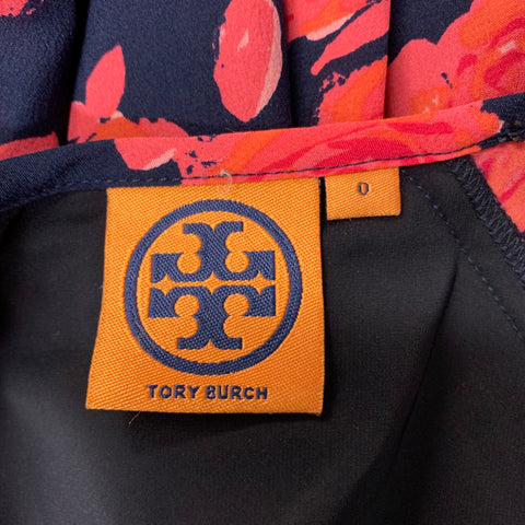 TORY BURCH Size 0 Navy &  Pink Silk Floral V-Neck Dress