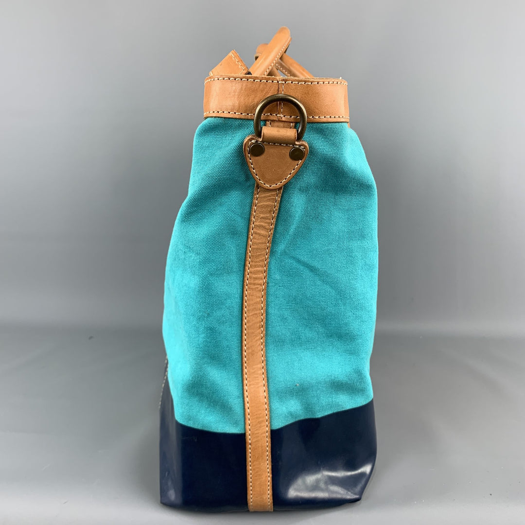 COLE HAAN Aqua & Navy Canvas Leather Two Tone Tote Bag