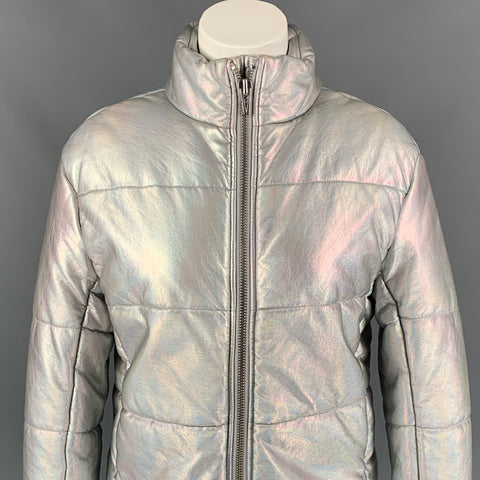 VEDA Chaqueta con cremallera de poliuretano acolchada iridiscente plateada talla S