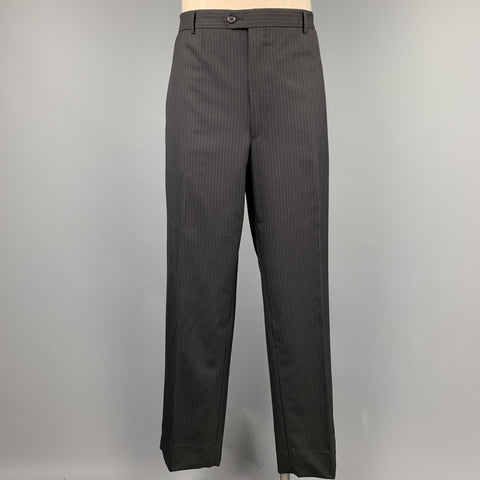 PRADA Size 48 Long Black Stripe Wool Notch Lapel Suit