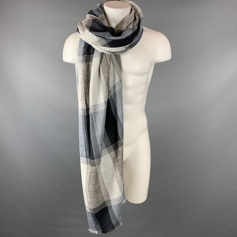 VINTAGE Grey & Blue Plaid Cotton Scarf
