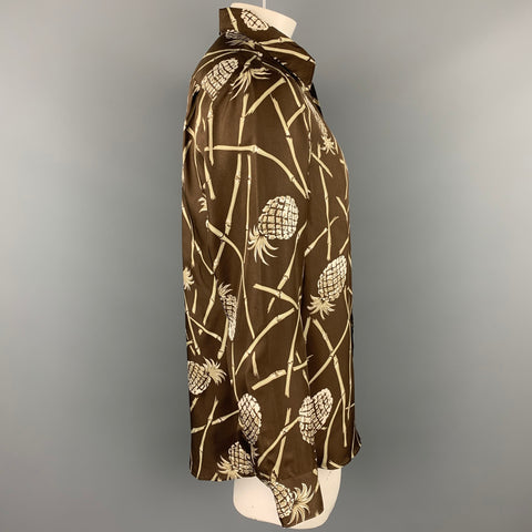 MICHAEL KORS Size L Brown & White Print Silk Button Up Long Sleeve Shirt