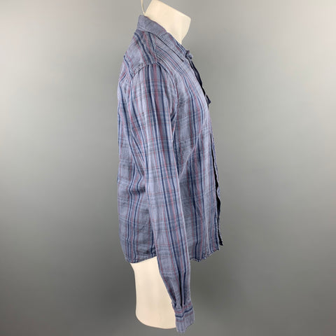 SAVE KHAKI Size M Blue Plaid Cotton / Linen Button Up Long Sleeve Shirt