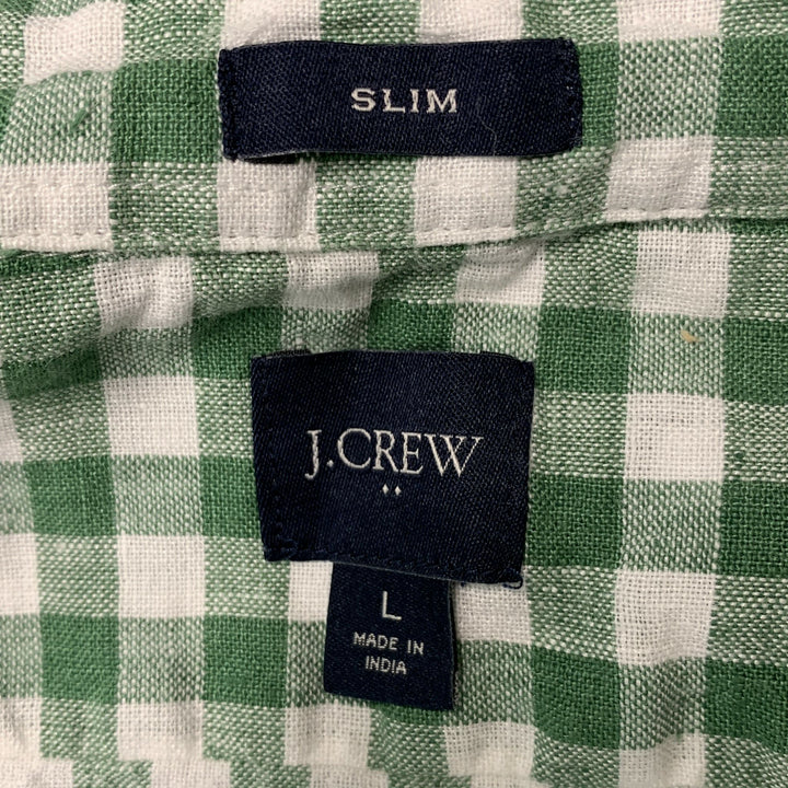 J CREW Size L Green White Checkered Linen &  Cotton Button Down Long Sleeve Shirt