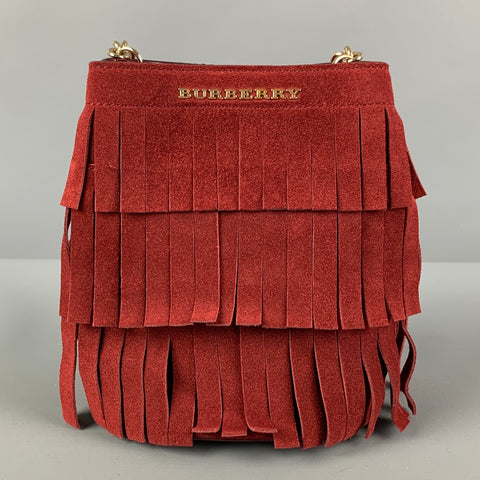 BURBERRY Burgundy Fringe Suede Cross Body Handbag