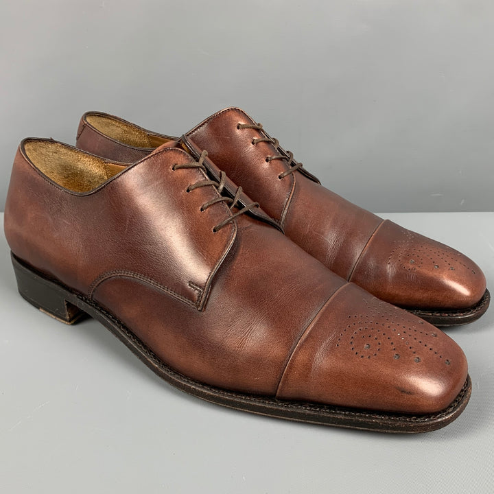 SALVATORE FERRAGAMO Size 9.5 Brown Perforated Cap Toe Lace Up Shoes