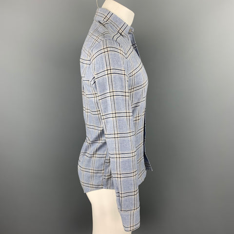 WELCOME STRANGER Size S Light Blue Window Pane Cotton / Wool Long Sleeve Shirt