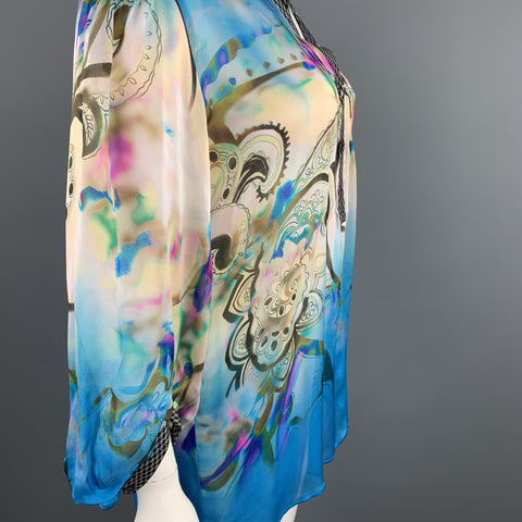 ETRO Size 12 Blue Paisley Print Silk Chiffon Blouse