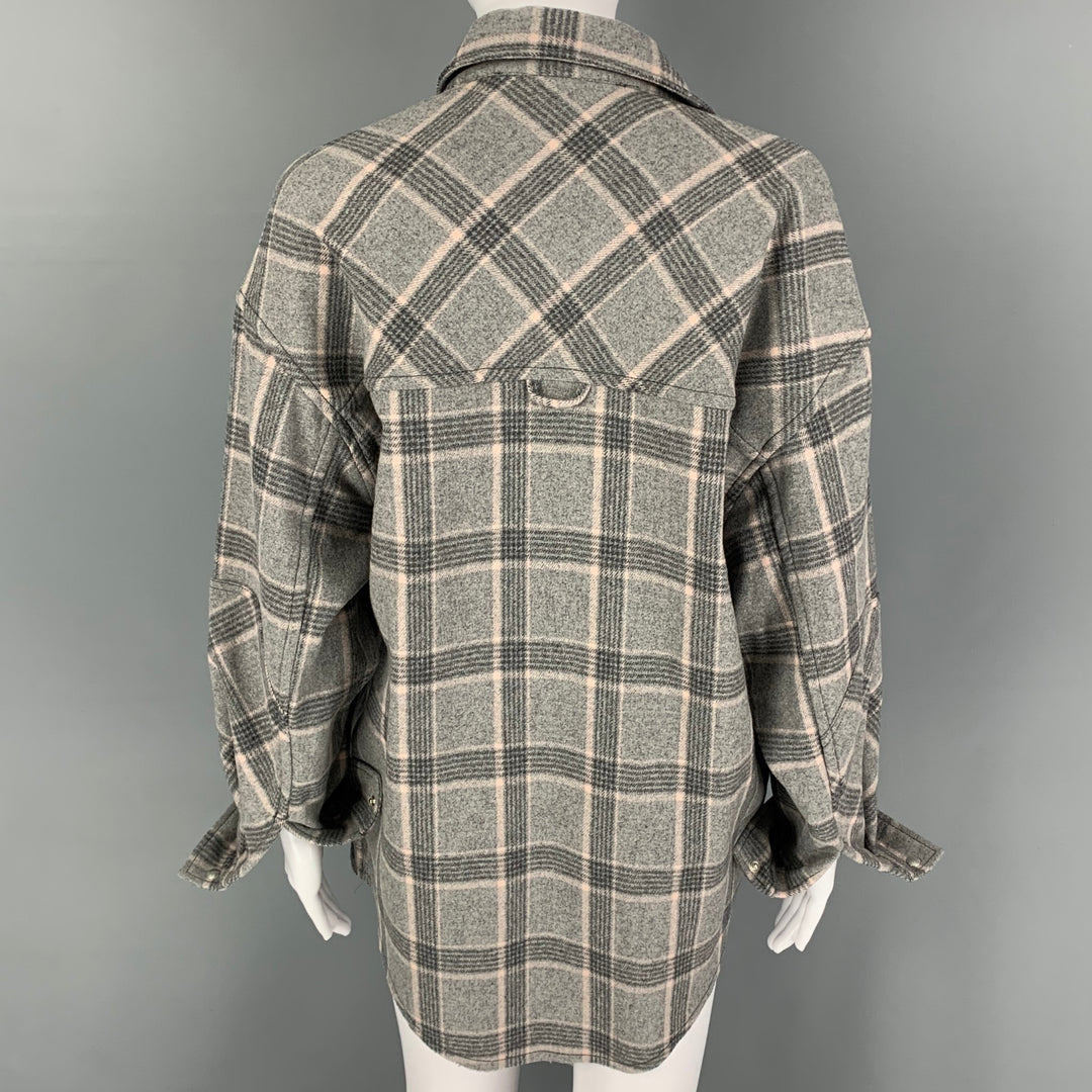 IRO Size 2 Grey Pink Wool Blend Plaid Oversized Shirt